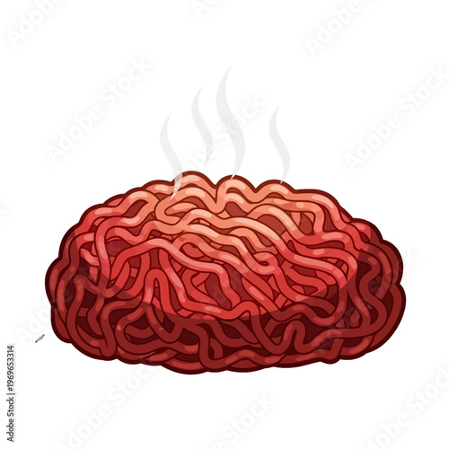 A pile of steaming ground meat on a white background