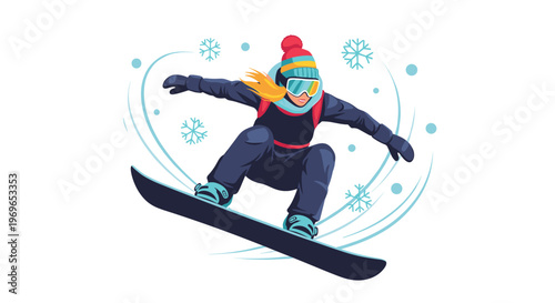 Female snowboarder performing a jump in a snowy winter environment with falling snowflakes and swirling wind effects.