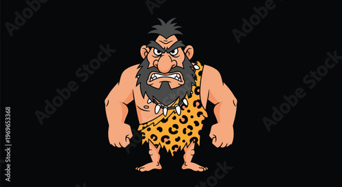 Angry caveman character wearing a leopard print skin and a bone necklace, primitive prehistoric human illustration.