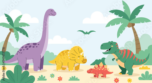 Happy dinosaurs gathering in a tropical prehistoric jungle with palm trees and flowers under a bright sunny sky.
