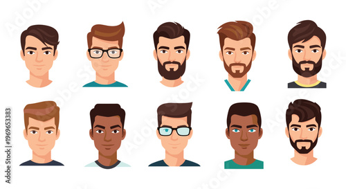 Collection of diverse male avatars with different skin tones, hairstyles, and facial hair styles for profile icons.