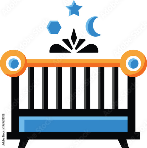 Baby crib with mobile in vector style, nursery furniture, cute bedding, star moon shapes.