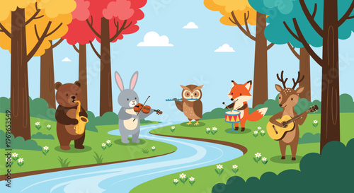 Whimsical forest scene with cute animals playing musical instruments by a winding river under colorful autumn trees.