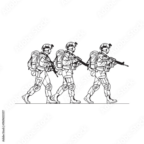 Three soldiers marching in line drawing with gear and rifles in action.