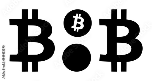 Bitcoin currency symbol set with solid black icon featuring cryptocurrency, BTC, crypto with digital currency and money