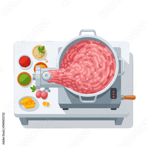 Kitchen appliance processing raw meat into ground food with spices