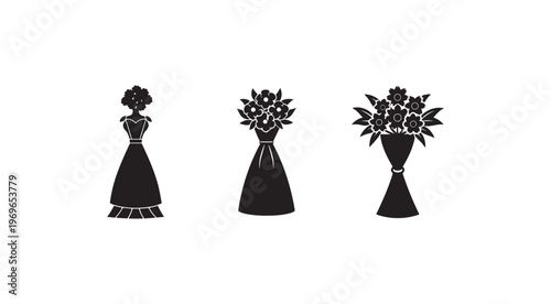 Black silhouette woman with flower in hair and two bouquets of flowers in vases on white background  wedding dress and floral arrangements