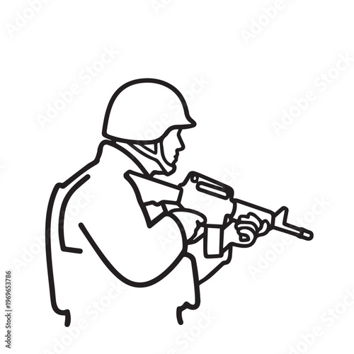 Minimal line drawing of a helmeted soldier aiming a rifle with scope.