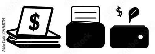 Savings account passbook icon set with solid black design on white background featuring finance, banking, accounting with simple and minimalist