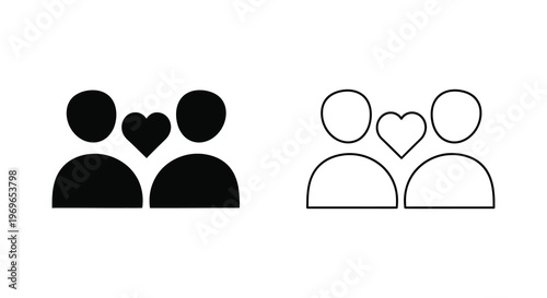 Two pairs of figures hearts between them shown in contrasting styles silhouette