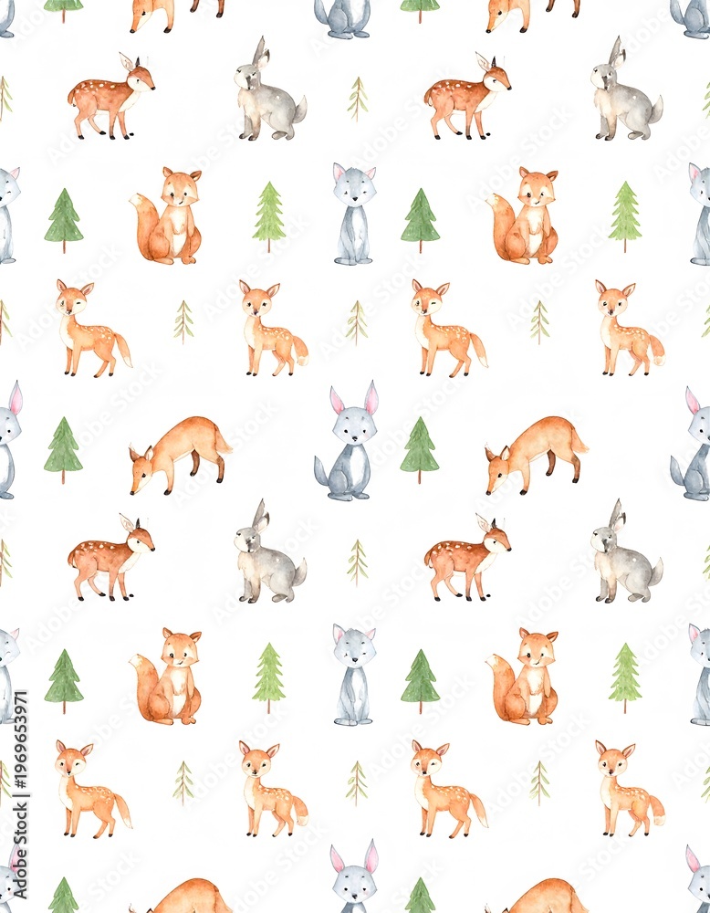 Fototapeta premium Watercolor Forest Animals Pattern - Fox, Deer, Rabbit, and Trees.