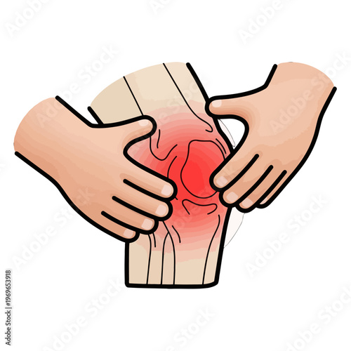 Hands holding a painful knee joint with inflammation