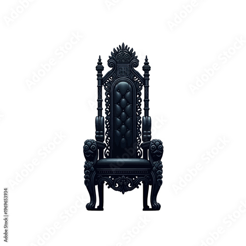 Ornate dark throne chair with detailed carvings and tufted seat