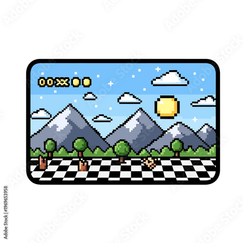 Pixelated landscape with mountains, clouds and a checkered ground