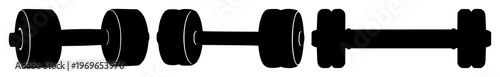Gym dumbbell icon set with solid black silhouette on white background featuring fitness, weightlifting, exercise with muscle training and bodybuilding