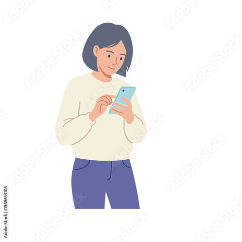 Woman standing alone indoors using smartphone with casual clothes