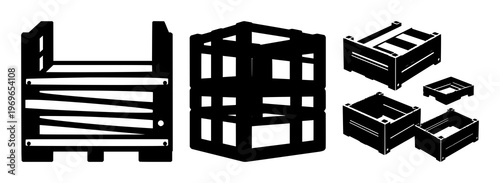 Stackable crate icon set with single solid black symbol on white background featuring logistics, shipping, warehousing with crate, pallet and storage and supply chain