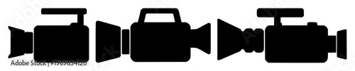 Video camera icon set with solid black icon on white background featuring camera, video, recording with technology and media