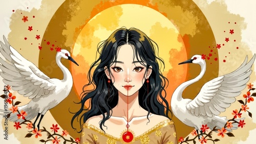 Woman with Cranes and Moon Background