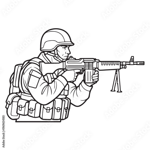 Line drawing of a soldier aiming a rifle in tactical gear and helmet.