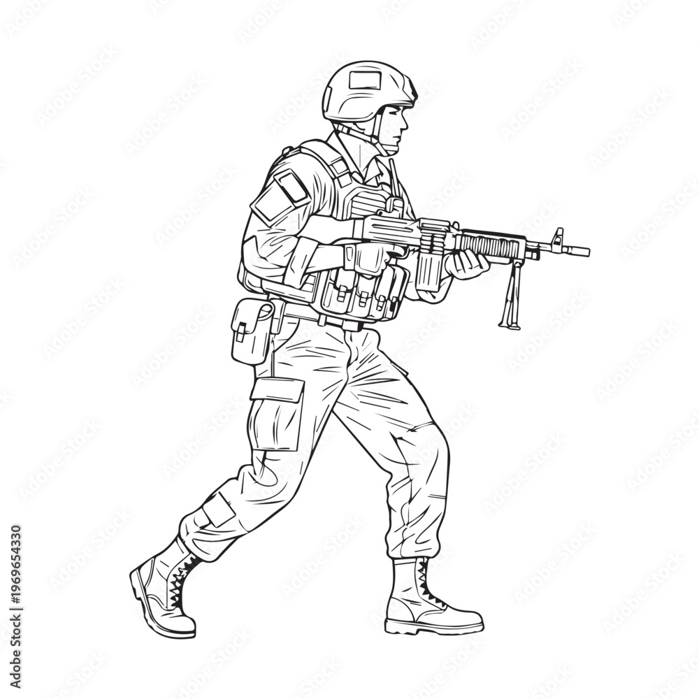 Fototapeta premium Line drawing of a soldier in combat gear walking with a rifle.