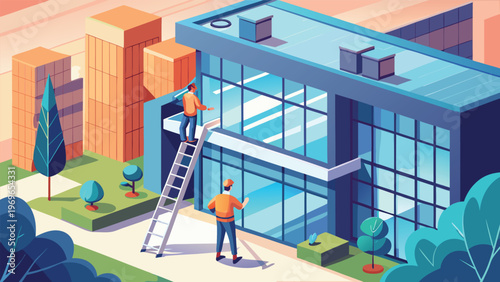 Workers repair windows on a building while using a ladder during the day in an urban area