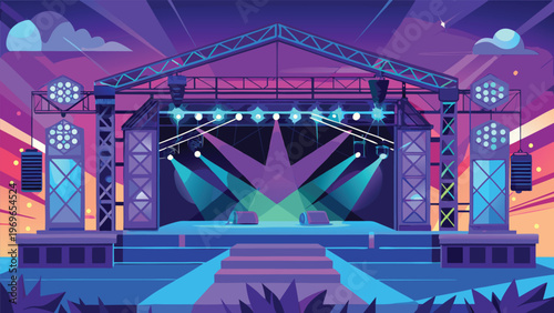 Colorful stage setup with lights at a concert venue during nighttime event