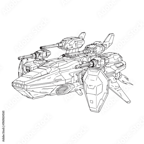 Line drawing of a futuristic spacecraft with angular hull and twin engines.