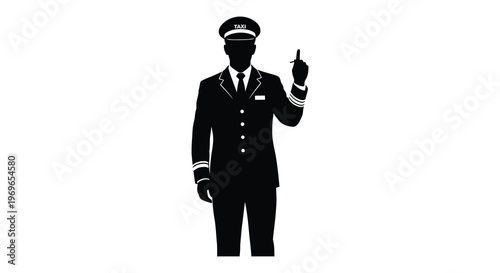 A vintage taxi driver in full uniform gesturing black and white silhouette