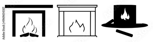 Fireplace icon set with solid black line illustration on white background featuring fire, stove, hearth with cozy and modern