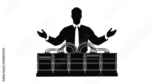 Man operating server equipment with outstretched arms a striking silhouette