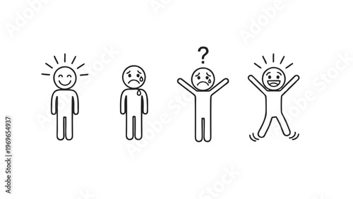 A simple stick figure illustration showing different emotions and reactions