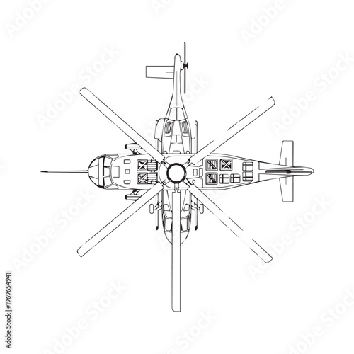 Top-down schematic illustration of a helicopter showing rotor system, fuselage, and tailboom from above.