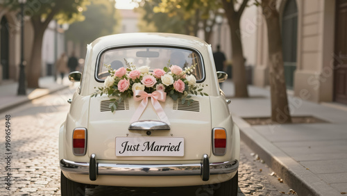 Vintage Car Floral Decor – Cream Automobile with Rose Bouquet and 