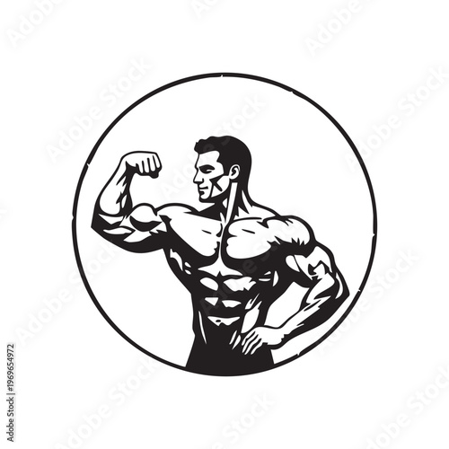 A muscular man flexing his bicep within a circular frame presented as a silhouette high quality