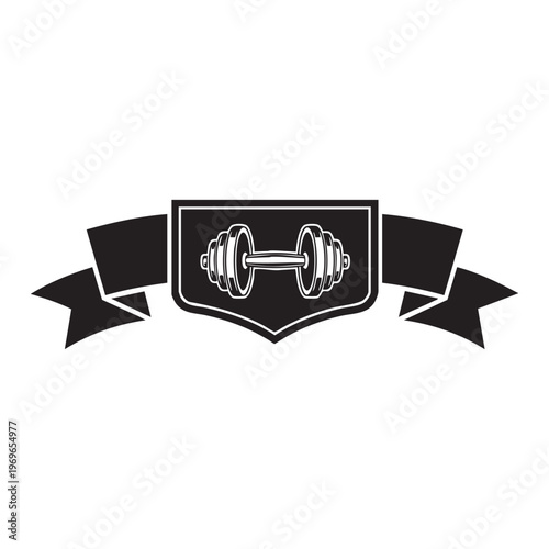 A black shield design featuring a barbell flanked by decorative ribbons a striking silhouette high quality