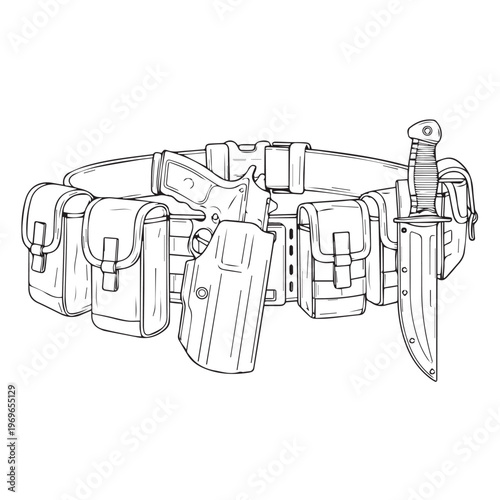 Outdoor tactical belt with multiple pouches and knife sheath for hiking and survival gear.