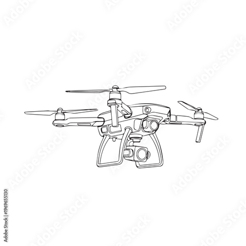 Sketch of a quadcopter drone with propellers and camera in light line drawing.
