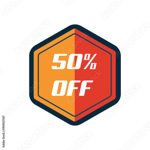 A vibrant orange and red hexagon sale tag displaying 50 off in white text silhouette