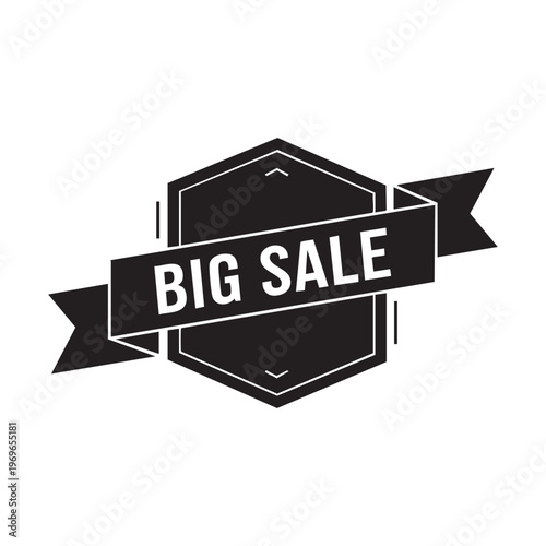 A black ribbon banner displays big sale against a white background a striking silhouette high quality
