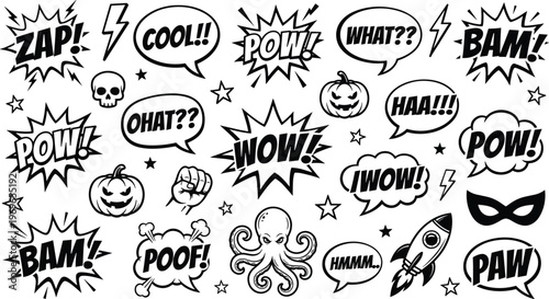 vHand drawn black and white comic speech bubbles with wow zap and bam sound effects plus octopus pumpkin icons