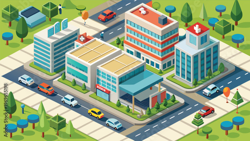 City scene showing buildings, parked cars, and trees in a community area with roads and pathways in bright colors