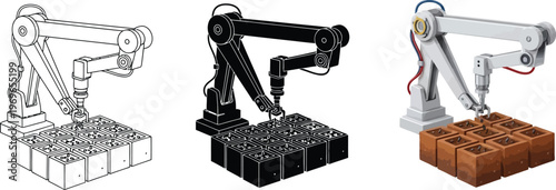 Industrial robotic arm in three distinct styles from line art to realistic precisely laying bricks for automated construction and manufacturing processes
