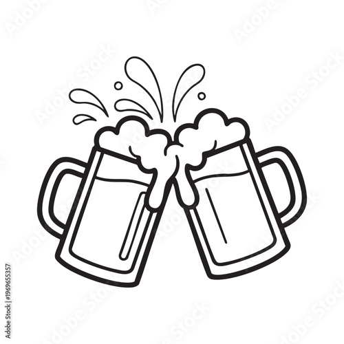 Two frothy beer mugs clink together in a celebratory toast depicted as a striking silhouette