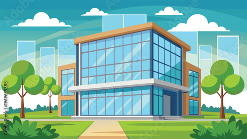 Modern building with large windows surrounded by trees in a sunny park setting with clear blue skies and clouds