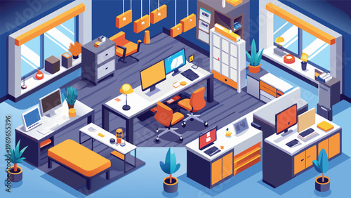 Office layout showing multiple workstations and storage areas during daytime light in a modern workspace environment