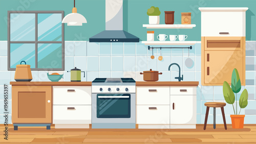 Modern kitchen design with cabinet storage, cooking tools, and plants for daily meals and home activity