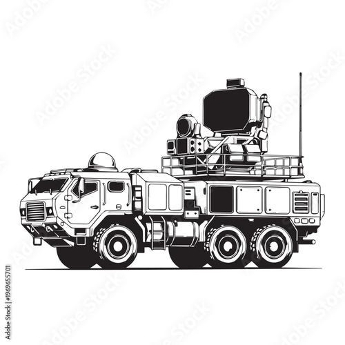 All-terrain military radar vehicle with mounted dish and surveillance equipment.