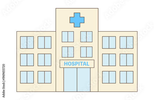 青色を基調としたシンプルな病院の建物のイラスト｜フラットイラスト、挿絵