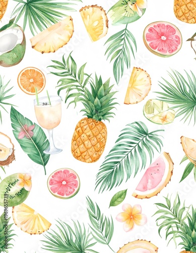 Watercolor Tropical Fruit and Palm Leaf Pattern Design